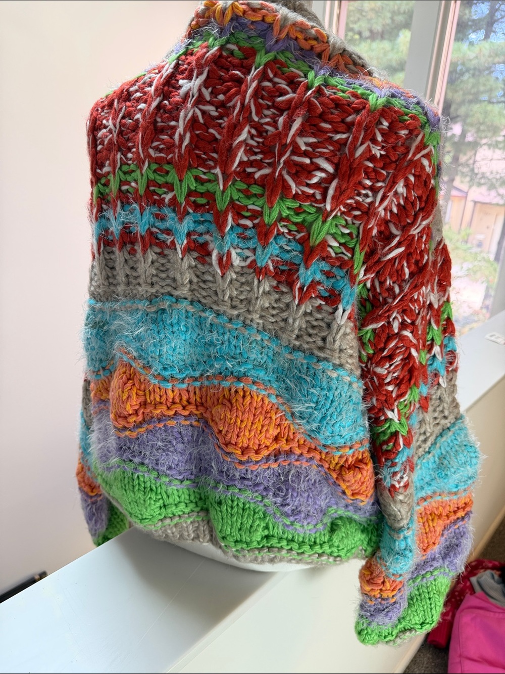 POL Chunky Beige Cardigan with Bright Orange, Teal, Green & Purple Accents - Picture 2 of 7